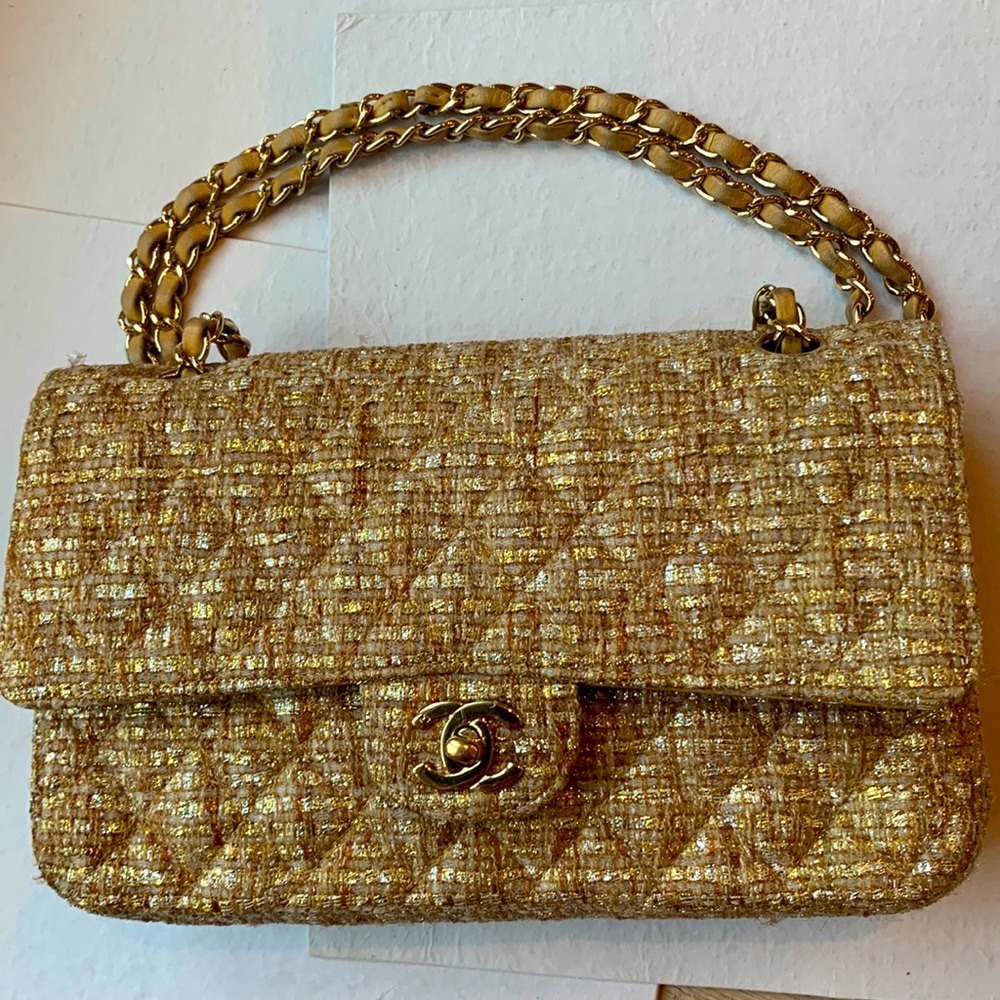 Vintage 🤎 CHANEL RARE Metallic Gold Silver Tweed Quilted 2.55 Double Flap Bag - Picture 16 of 16